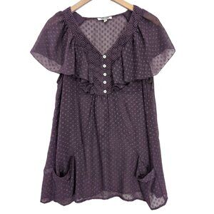 Daniel Rainn Top Blouse Womens L Purple Babydoll Sheer Short Sleeve Fairy Whimsy